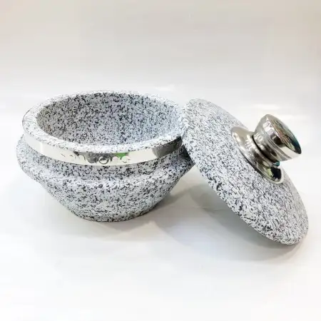 #5RYB1408; Stone pot with lid 14x8cm..