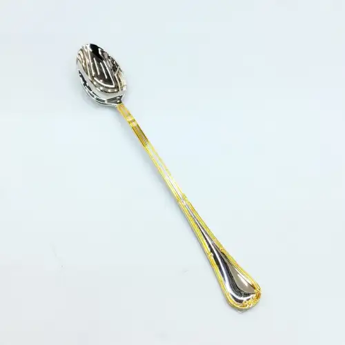 #HM0104; Stainless steel ice tea spoon w. golden color