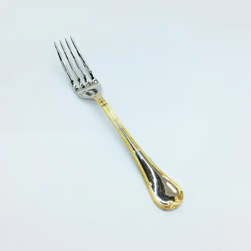 #HM0128; Stainless steel dessert fork w. golden color