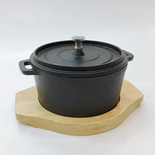 #YY14R-L; Cast iron round casserole 14cm with wood tray