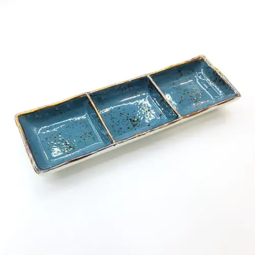 Ceramic 3-Compartment Sauce Dish 9 Inches - Rustic Speckle Blue Ceramic 3-Compartment Sauce Dish 9 Inches - Rustic Speckle Blue