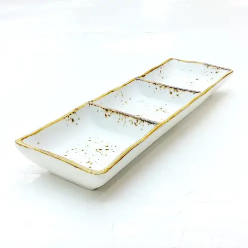 Ceramic 3-Compartment Sauce Dish 9 Inches - Rustic Speckle White Ceramic 3-Compartment Sauce Dish 9 Inches - Rustic Speckle White
