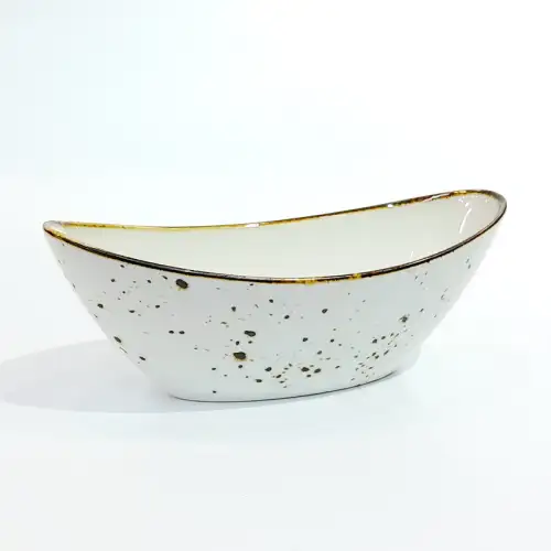 Ceramic Boat Shape Bowl 6.75 Inches - Rustic Speckle White