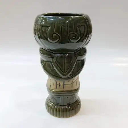 Ceramic Tiki Cocktail Mug 300ml - Glossy Olive Green & Beige Totem Idol