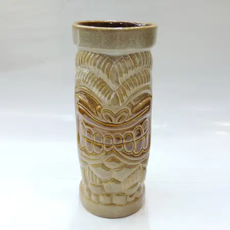 Ceramic Tiki Cocktail Mug 375ml - Tan & Amber Grinning Tiki God