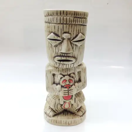 Ceramic Tiki Cocktail Mug 400ml - Sandstone Wood-Grain Bear Totem