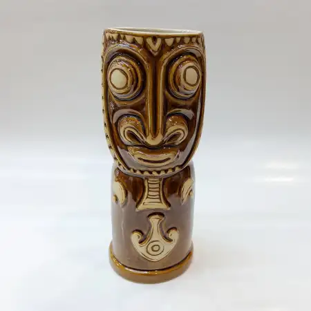 Ceramic Tiki Cocktail Mug 450ml - Glossy Brown Carved Totem