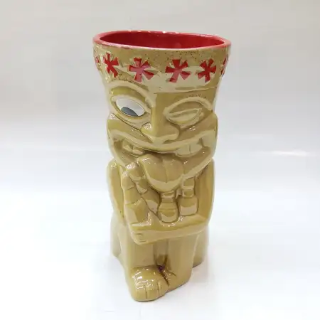 Ceramic Tiki Cocktail Mug 500ml - Tan Winking Tiki with Red Rim Band