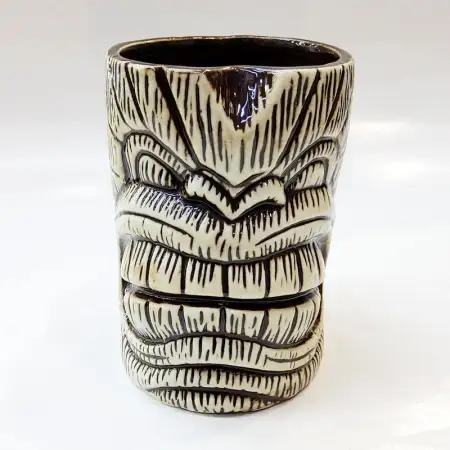 Ceramic Tiki Cocktail Mug 550ml - Ivory & Dark Brown Carved Grimacing Tiki