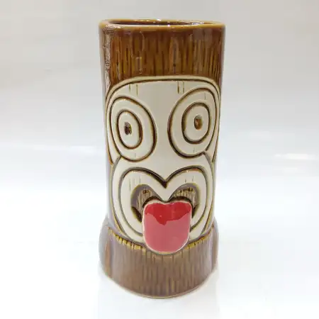 Ceramic Tiki Cocktail Mug 450ml - Brown Wood-Grain Sticking Tongue Tiki